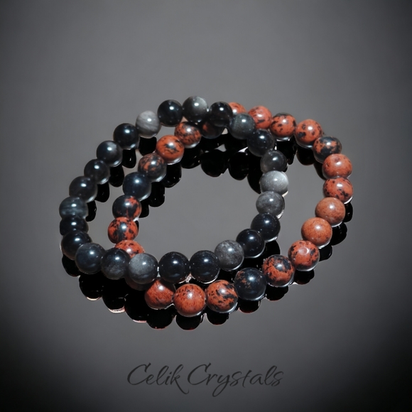 Mahogany & Silver Obsidian Bracelet Stack 2 Pieces 8mm Natural Stones Unisex - Picture 2 of 5